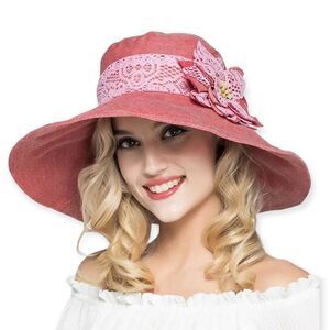 Summer Pink Lace Floral Wide Brim Panama Sun Hat NEW